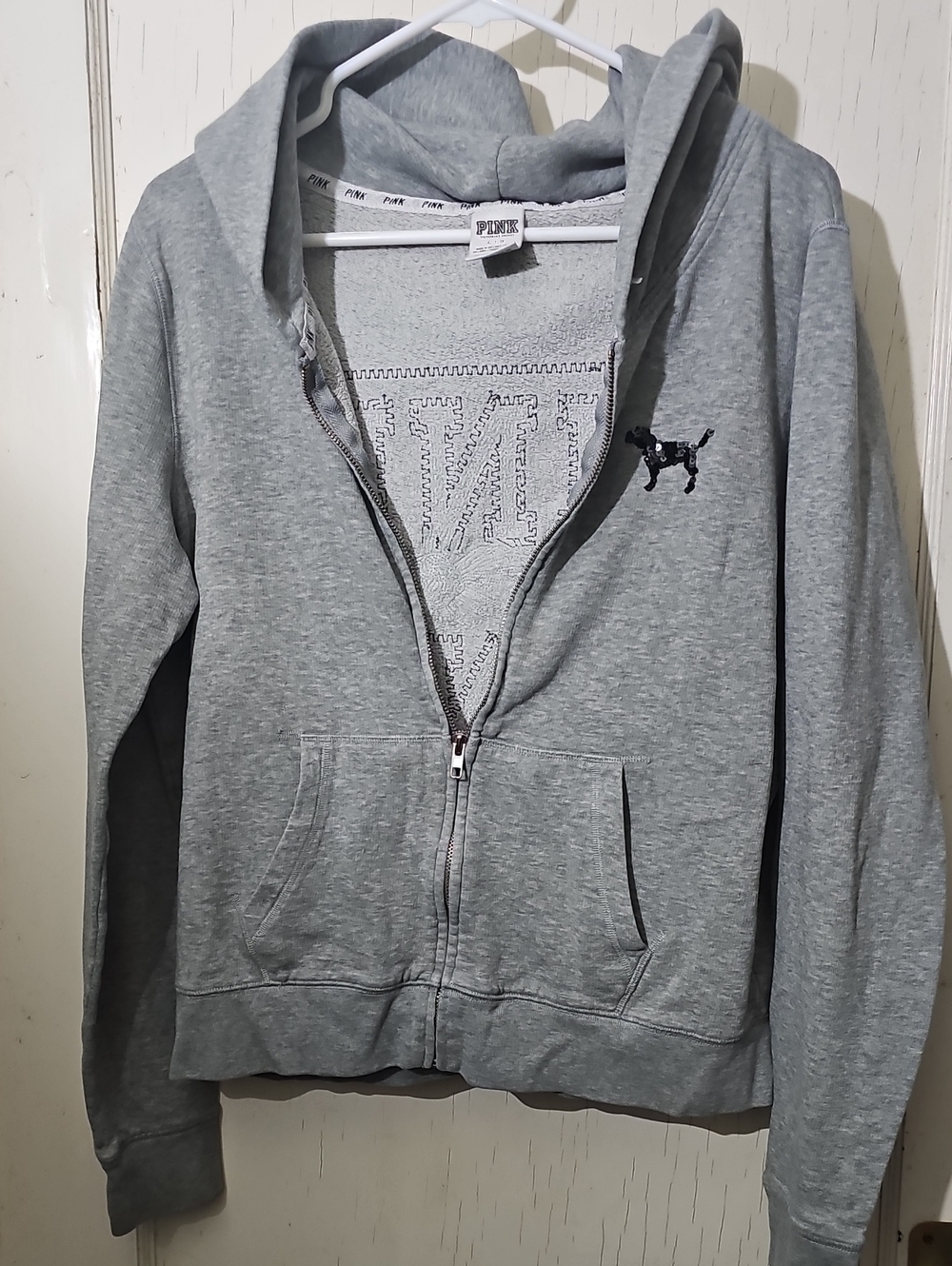 PINK Victoria's Secret Womens Light Gray Zip-Up Hoodie with Sequin Back